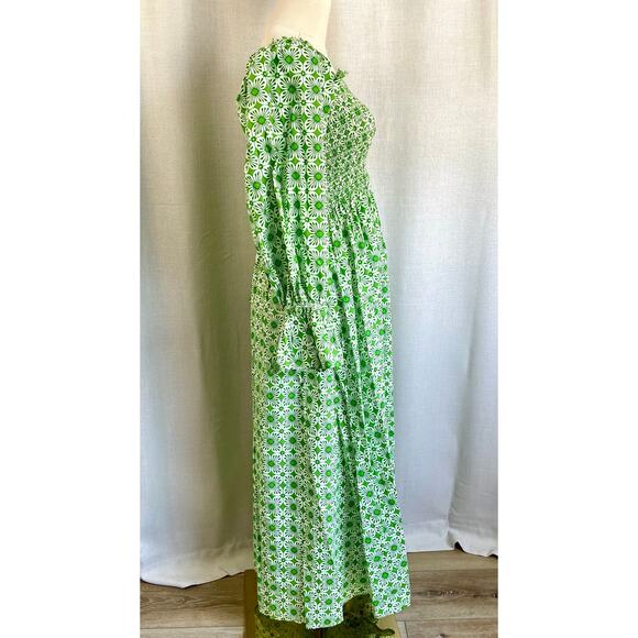 Elizabeth Wilson 100% Cotton Green White Smocked Ruched Floral Maxi Dress Small - Picture 7 of 9